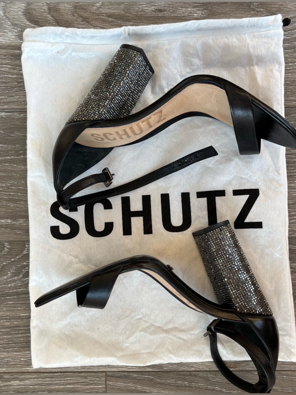 SCHUTZ Black Leather Ankle-Strap Sandals with Rhinestone Block Heels